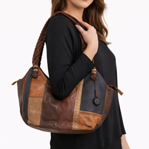The Sak Handbags - THE SAK Patchwork Leather Studded Braided Handle Hobo Bag Shoulder Purse Brown